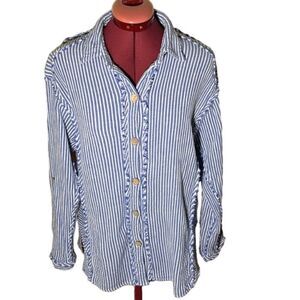 Anne French Blue & White PinStriped Casual Button Down Shirt Coastal Grandma